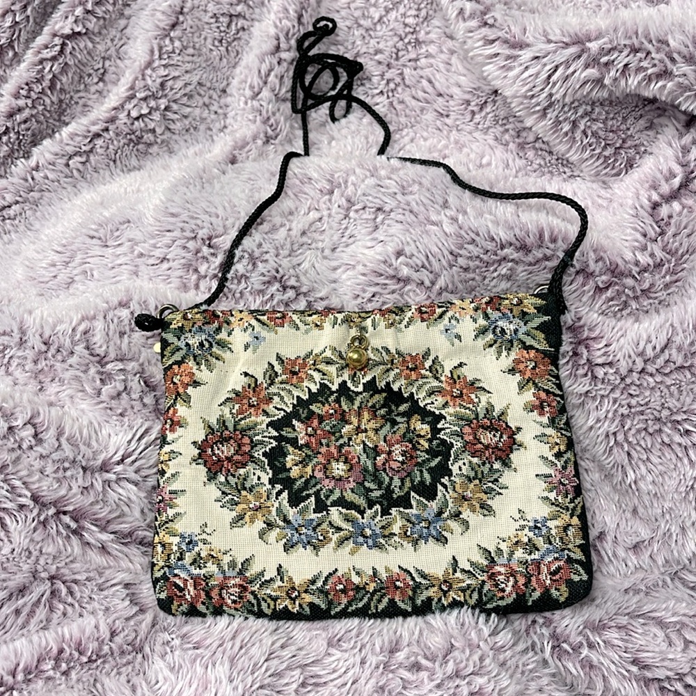 VINTAGE WOVEN FLORAL TAPESTRY PURSE MADE IN HONG KONG WITH A BLACK COTTON CORD